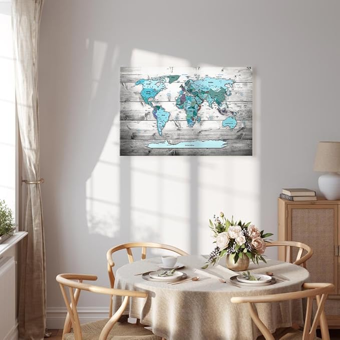 artgeist Acoustic Canvas Wall Art Print World Map 35x24 in - 1pcs Picture with Acoustic Foam Sound Print Artwork Room Acoustics Soundproofing World Travel Map Wood k-B-0009-b-d