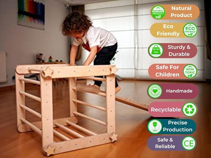 Montessori Climbing Cube and Triangle for Kids | Foldable Climbing Set | Indoor Activity Cube | Climbing Set with Cube and Triangle for Toddler | Foldable Wooden Jungle Gym (CUBE+ARCH+RAMP L)