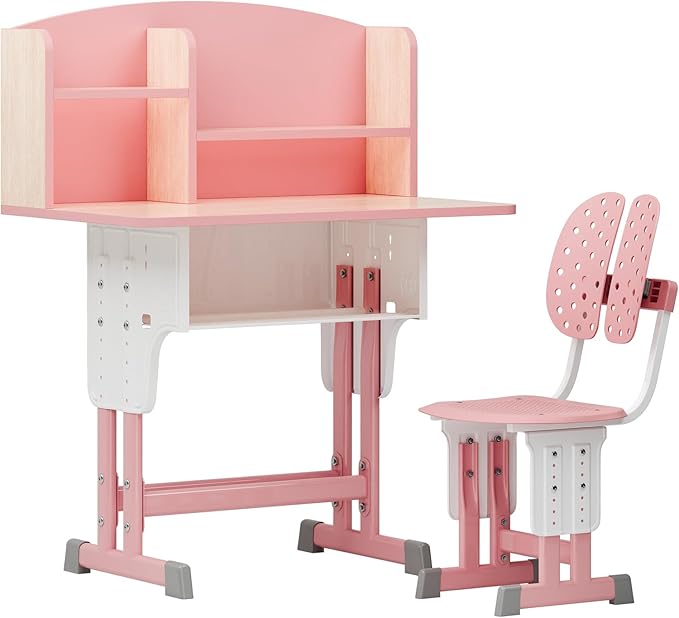 2025 NEW Kid's Study Desk and Chair Set, Ergonomic Height Adjustable Children Study Desk with Tilt Desktop, Book Stand, Light, Metal Hook and Storage Drawer,Gift for Boys Girls (Pink 70cm no lean)