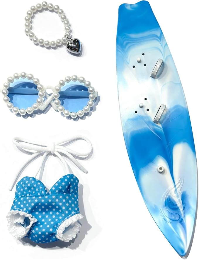 15/17cm(6.7inch) Doll Clothes, Stylish Summer Beach Set - Complete Fashion Outfit with Blue Swimsuit, Surfboard, Necklace, Glasses for 15cm/17cm Dolls.(Doll not Included)