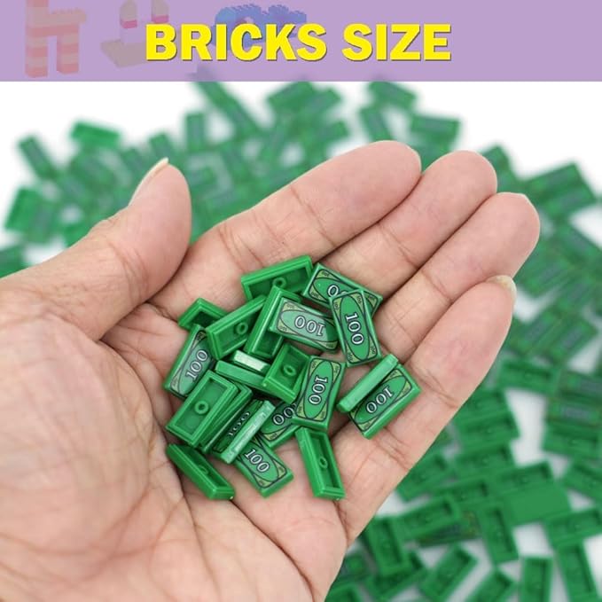 MALEKO Money Tiles Bank Bill Accessories, 80 Pieces 100-Dollar Green 1x2 Tiles, Bulk Building Toy Parts, Compatible with All Major Brands