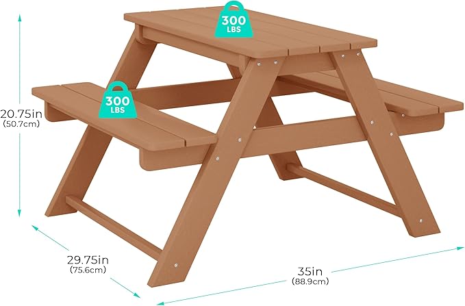 Costaelm Kids Picnic Table, HDPE All Weather Outdoor Toddler Picnic Table and Chair Set Kids Bench for Patio, Backyard, Garden, Lawn, Teak