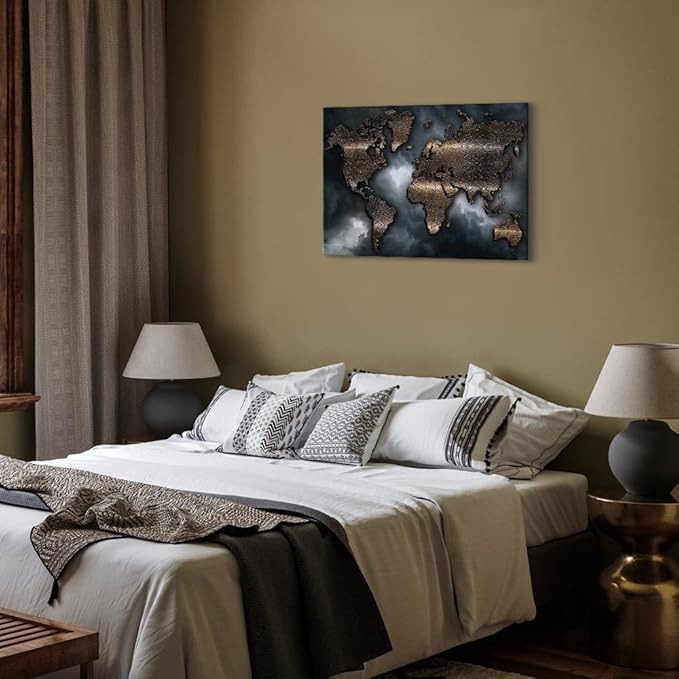 artgeist Canvas Wall Art World Map 35x24 in - 1pcs Home Decor Framed Stretched Picture Photo Painting Artwork Image - Abstract Continents Map World Map Sky k-A-0501-b-a