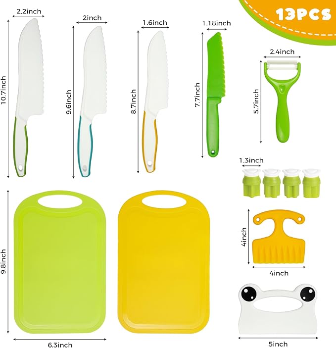 LovesTown 13PCS Kids Cooking Sets Real, Montessori Kitchen Toys for Toddler Kitchen Playset with Safe Knives Crinkle Cutter Gifts for 3-8