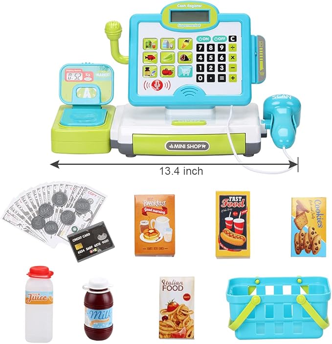 FS Pretend Play Calculator Cash Register Toy as Preschool Gift for Kids, Classic Count Toy with Sound, Microphone, Scanner, Pretend Credit Card, Play Food for Boys & Girls,45 Pieces, Ages 3 4 5 6 7