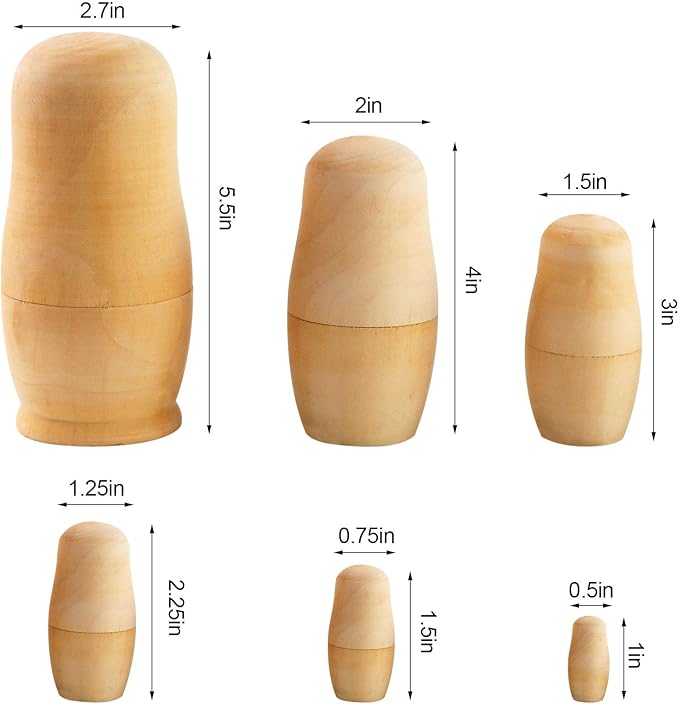 Koogel 6 Set Unpainted Nesting Dolls for Kids, Blank Nesting Dolls Wooden Matryoshka for Parent Child Activities Birthday Gift DIY Enthusiasts