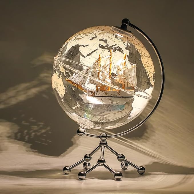 White Earth Globe (Diam. 20 cm/7.9 inches), Desktop Night Light, World Map, Sailboat, Warm White Light
