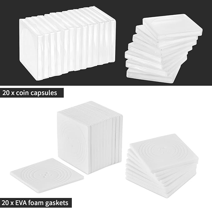Coin Snap Holders, 20 Pieces Silver Dollar Coin Holder, Coin Capsule Storage Box with 5 Size (20/25/30/35/40 mm) Adjustable Gaskets, Coins Collection Supplies for Collectors-(White, 20 pcs)