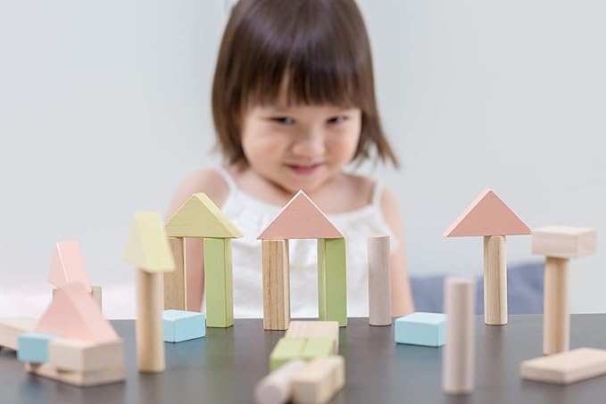 PlanToys 40 Piece Unit Block Building and Construction Block Set (5507) | Pastel Color Collection |Sustainably Made from Rubberwood and Non-Toxic Paints and Dyes