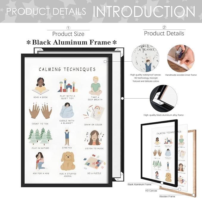 Feelings Calming Techniques Canvas Wall Art Calming Corner Classroom Mental health Posters Boho Emotions Chart for Kids Prints Special Education Wall Decor for Office School 12x16in BlackFramed