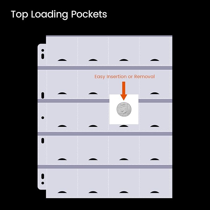 50-Sheets 20-Pocket Thumb-Cut Coin Pages - Coin Pocket Pages for 2 x 2 Inch Cardboard Coin Holders, Collecting Sleeves for Coin Flips, 1000 Pockets for Coin Binder, Coin Collection Storage Supplies