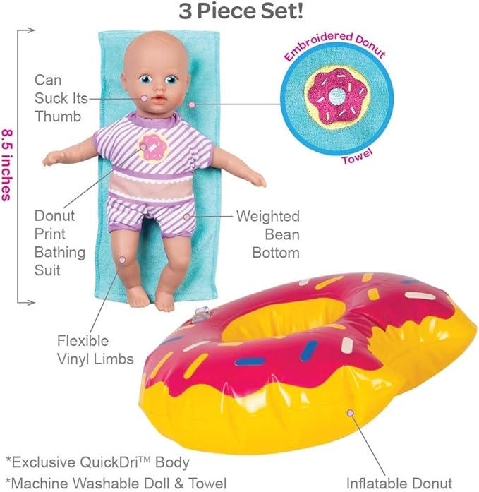 Adora Splash Time Babies Collection, 8.5” Baby Doll w/ Sweet Baby Smell, Made in Premium QuickDri Vinyl & Machine Washable, Includes Clothes and Accessories, Birthday Gift For Ages 3+ - Sprinkle Donut