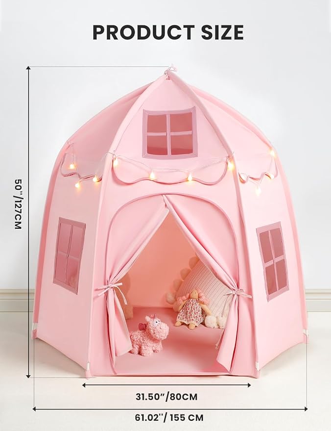 besrey Hexagonal Kids Play Tent, Large Children's Fort with Star Lights, Easy Setup for Indoor Outdoor Playhouse, Gift for Boys Girls, Pink