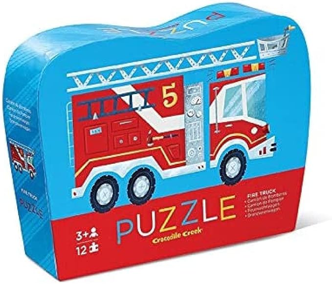 Crocodile Creek 12-Piece Mini Jigsaw Puzzle - Fun Floor Puzzles for Kids Ages 2-4 and Up - Heavy-Duty Shaped Box for Storage - Fire Truck - 12" x 9" Finished