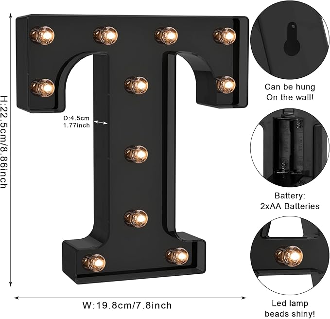 Foaky Black LED Letter Lights for Room Decor - Bedroom Wall Decor, Alphabet Lights for Home, Wedding, Party - Battery Operated （T）