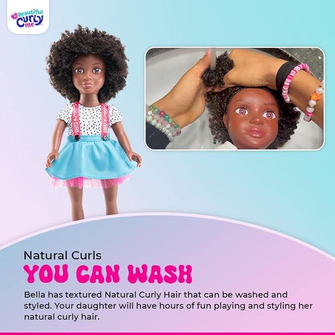 Bella 18-Inch Black Doll with Natural Curly Hair & Medium Brown Skin – African American Baby Doll for Girls Ages 3-9 Years Old - Includes Outfit & Affirmation Book – Perfect for Gift