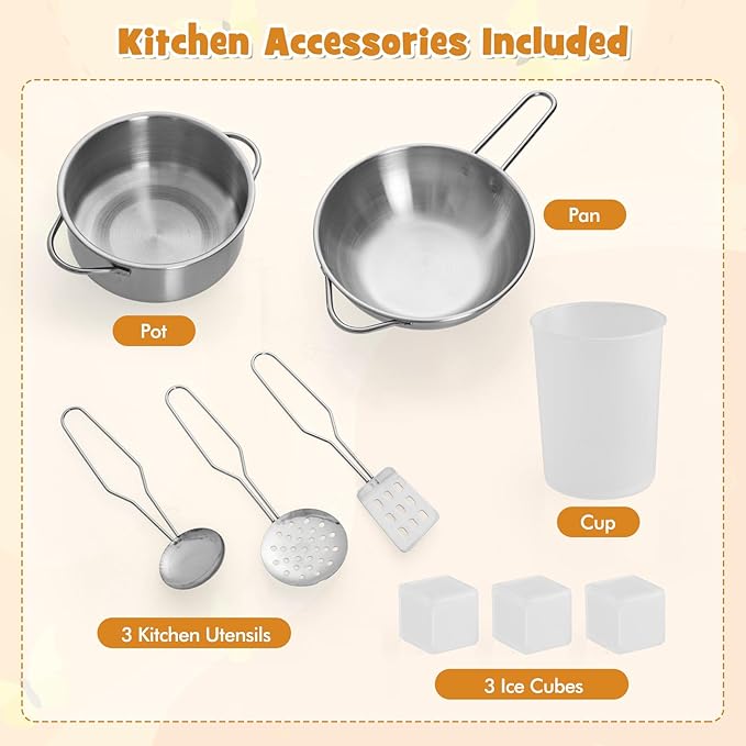 HONEY JOY Corner Kids Kitchen Playset, Wooden Toy Kitchen Set w/Lights & Sounds, Range Hood, Ice Maker & Coffee Maker, Microwave, Sink, Faucet, Little Chef Pretend Play Kitchen for Toddlers, Brown