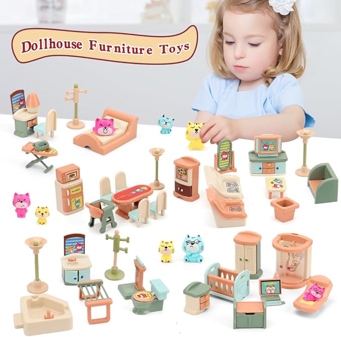 50 Pack Kids Little Dollhouse Furniture Set Toys House Big Dreams for Baby Children Girls Boys Age 3+,Miniature Accessories Educational Pretend Play Toys for Toddler