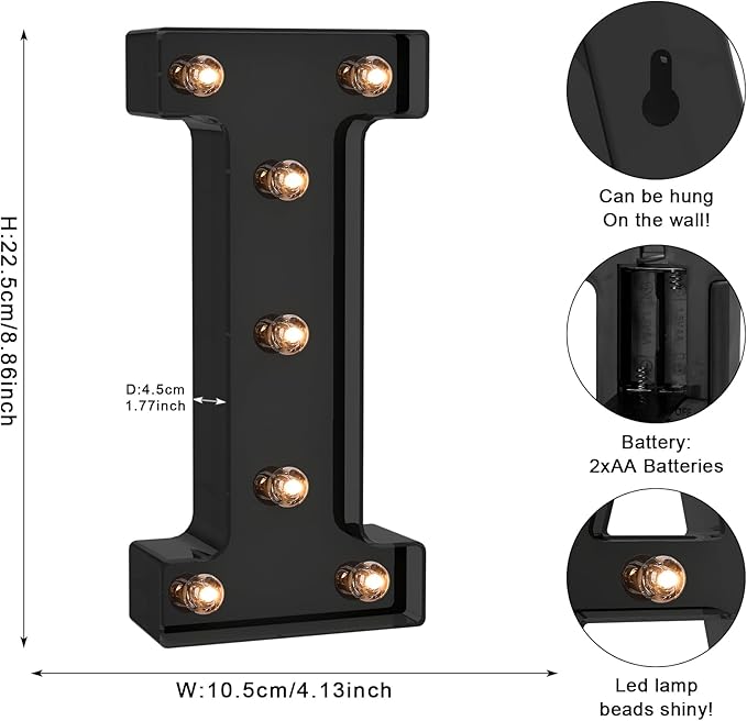 Foaky Black LED Letter Lights for Room Decor - Bedroom Wall Decor, Alphabet Lights for Home, Wedding, Party - Battery Operated （I）
