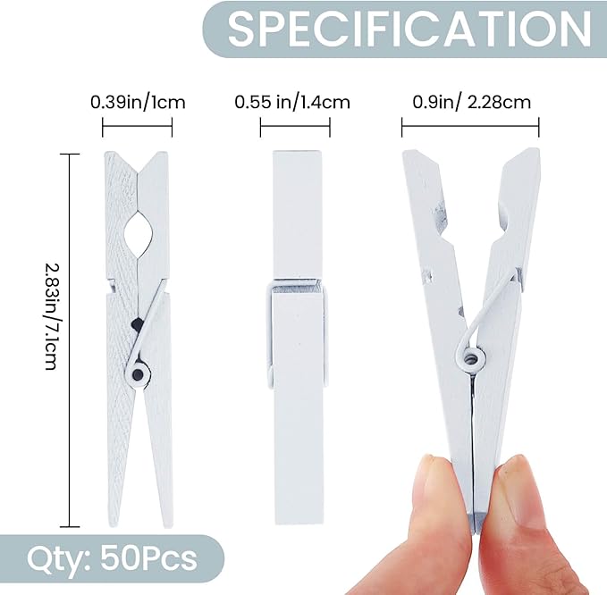 50PCS Colored Wooden Clothespins, 2.9inch White Clothes Pins for Clip Pictures Photos Decorative, Small Colorful Wood Decoration Closepins Clips