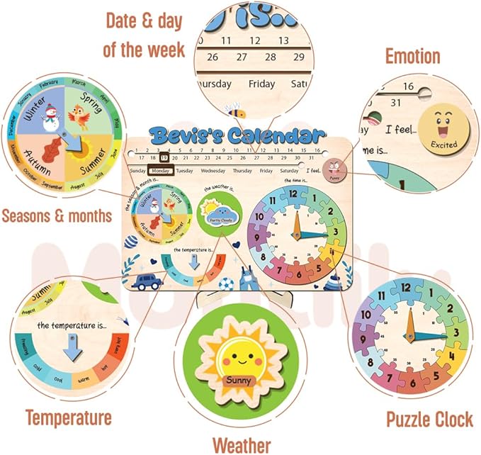 Interactive Calendar for Kids Ages 3+, Wooden Toddler Calendar, Teaching Seasons, Years, Months, Days of Week, Daily Activity Calendars for Kid Preschool & Homeschool (04 - boy Name)