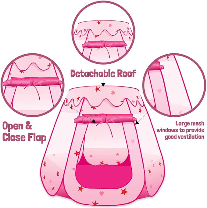 ArtCreativity Pop Up Princess Tent, Kids Playhouse Tent with a Carry Bag, Foldable Pink Princess Ball Pit for Girls 1,2 3,4 Year Old Birthday, Indoor & Outdoor Play House for Kids