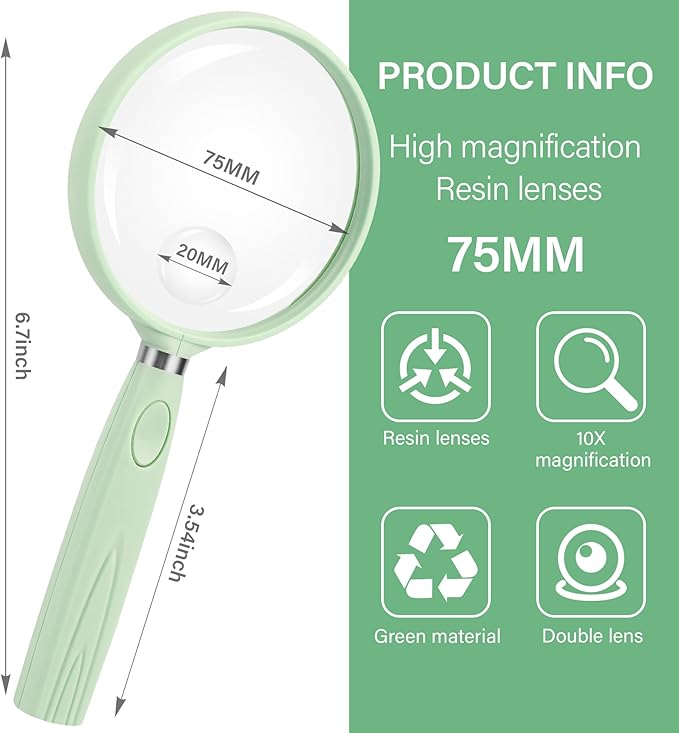 Feosky Handheld Reading Magnifier, 10X 30X Magnifier, 75mm Shatterproof Lens, Non-Slip Handle for Adults Close Work, Seniors Reading and Kids Nature Exploration, Hobby Observation (Green)