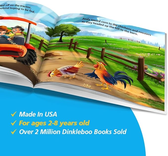 Personalized Storybooks by Dinkleboo - Visits The Farm - Your Child Joins Mr. Gray On A Trip Around The Farm - for Children Aged 0 to 8 Years Old - Soft Cover - Smooth, Glossy Finish (8"x 8")