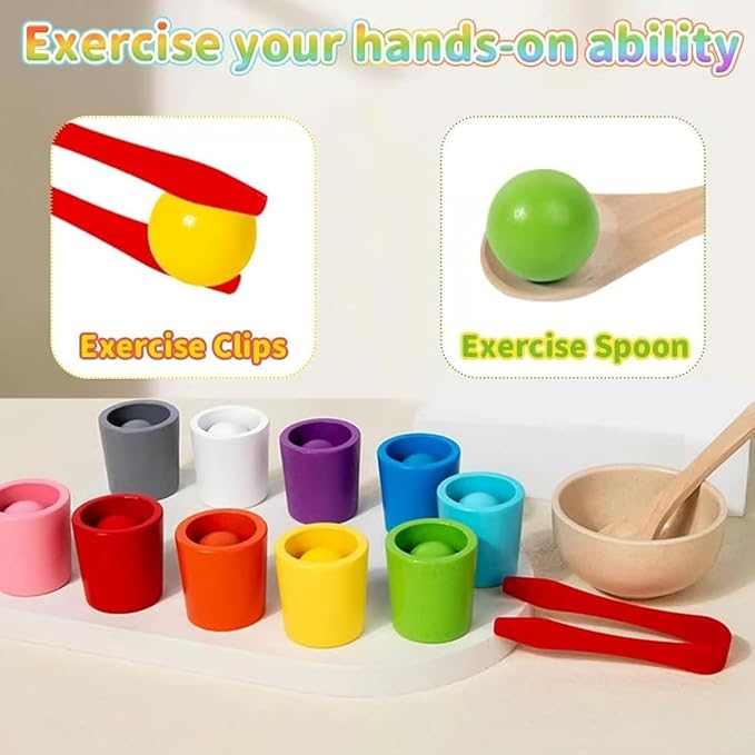 Rainbow Balls in Cups Toddler Toys, Kids Color Classification Cup Game, 10 Color Classification Beads, Wooden Colors Sorting Toy with 10 Ball, Learning Colors Sorting and Counting(10 Color)