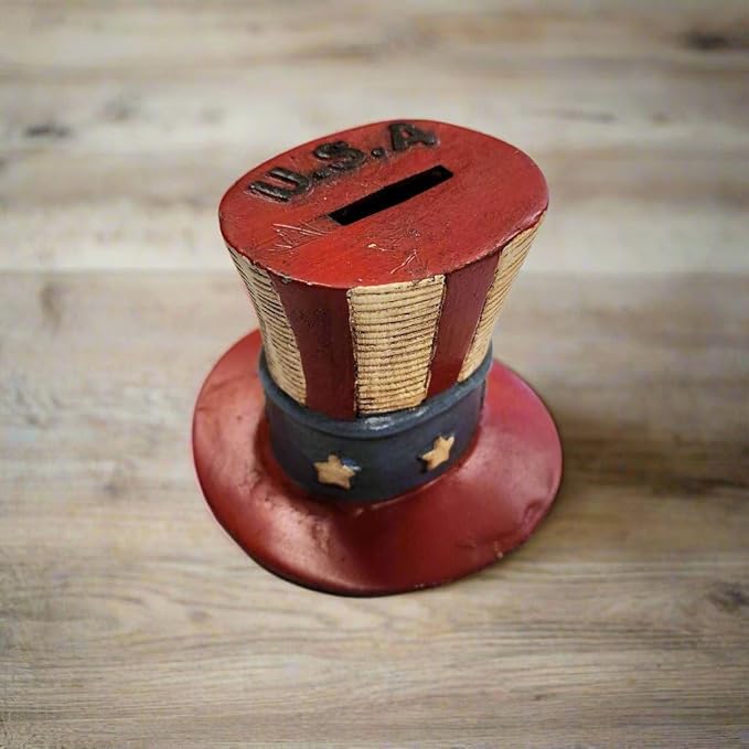 USA Hat Cast Iron Coin Bank with Painted Antique Finish (4.5" x 4.5" x 4")