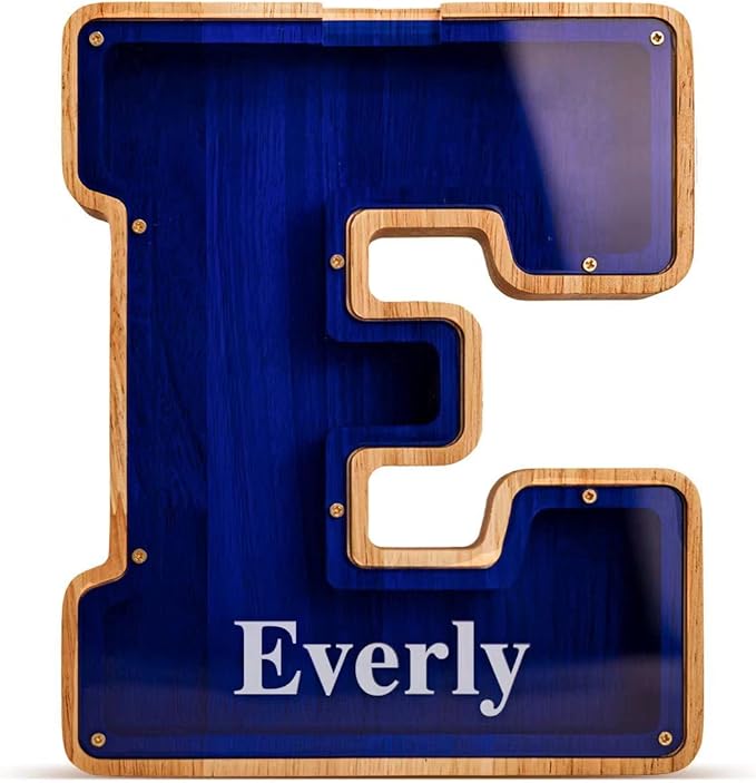 Summidate Customized Name Large Wooden Piggy Bank for Kids Boys Girls Alphabets Letter A-Z Coins Bills Money Change Bank Box Initial on Clear Cover (Laser Engraved) (Alphabet-P, Personalized-9")
