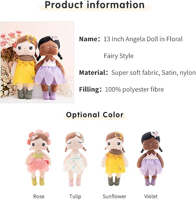 MeToo Princess Doll - Soft Plush Angela Doll, Cute Flower Fairy, Non-Toxic PP Cotton, Violet