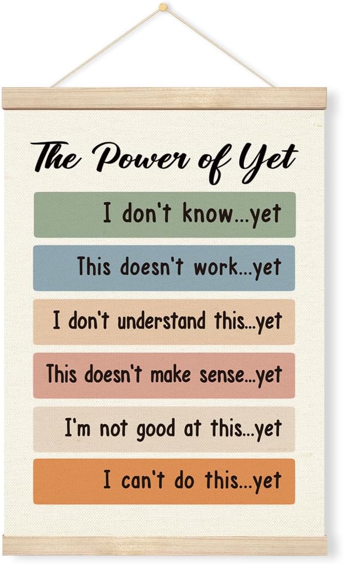 Inspirational Wall Decors - The Power of Yet, Therapy Office Decor, Growth Mindset Mental Health Poster, Canvas Wood Hanger for Wall, School Counselor Office Decor