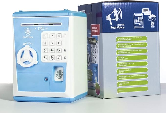 Toy Safe Box, Electronic ATM Piggy Bank, Money Coin Savings Bank, Finger Print Scanner Lock, Great Gift for Children Kids (Blue/White)