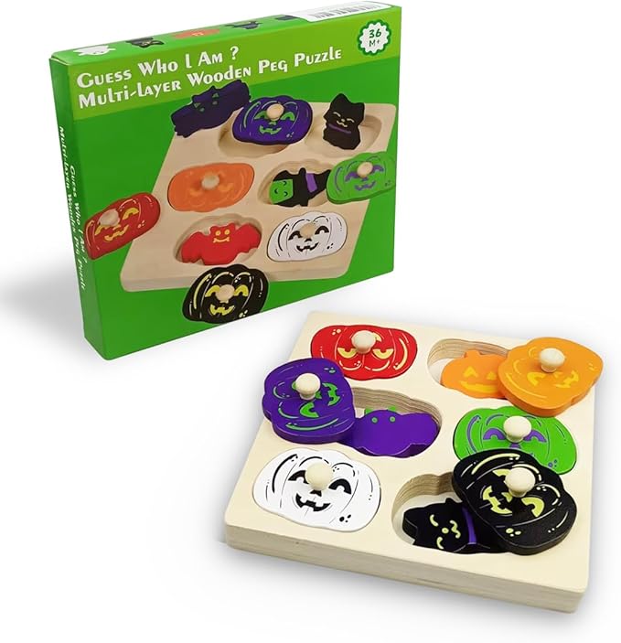 Pinkiwine Halloween Pumpkin Wooden Peg Puzzles Montessori Educational Toys for Kids Toddlers Halloween Toys Party Favors Treat Bags Gifts