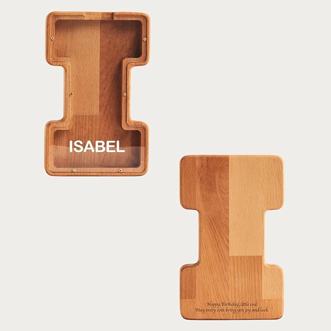Personalized Wooden Piggy Bank – Custom Letter I Coin Bank in Beech Wood with Clear Acrylic Front, Engraved Name Option, Money Saving Box for Kids and Adults