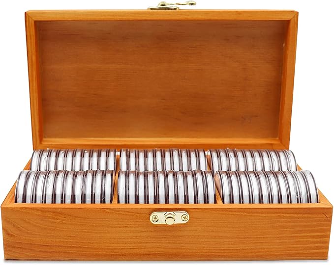 20-46 mm Wooden Coin Holder, 60 pcs Highly Transparent Capsules With Foam Gasket, Collector Case, Professional Storage Box for Collection (Bronze)