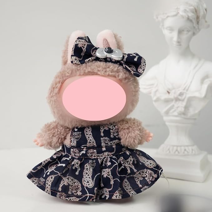 2-Piece Clothes for Labubu (NO Doll), Handmade Liberty Fabric Dress and Bow Set for 17CM Dolls, Cute Outfit Accessories (Cheetah)