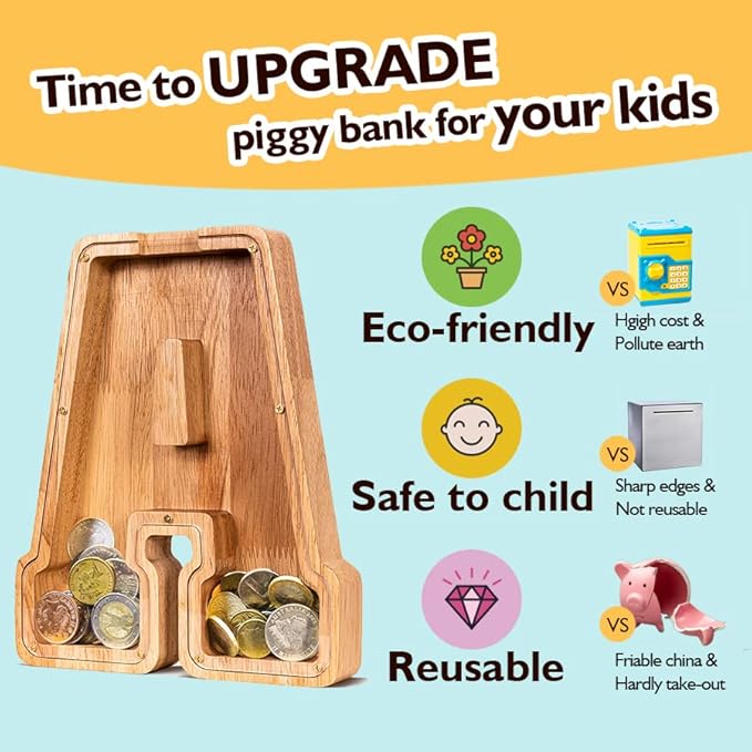 Summidate Customized Name Large Wooden Piggy Bank for Kids Boys Girls Alphabets Letter A-Z Coins Bills Money Change Bank Box Initial on Clear Cover (Laser Engraved) (Alphabet-O, Personalized-9")