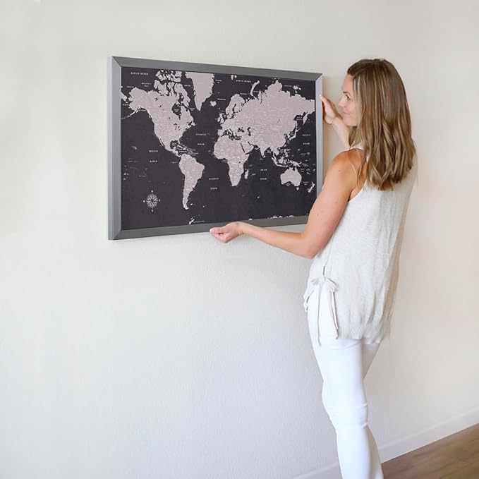 Map Your Travels Modern Slate World Travel Map | Includes Push Pins | Handmade in Minnesota | Gift Map For Travelers | 22"x33"