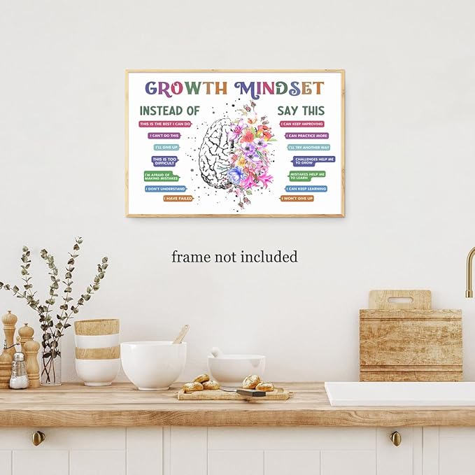 CEHNSENHUI Classroom Growth Mindset Affirmations for Kids Mental Health Posters Brain Poster Psychology Special Education Calm Corner Wall Art Office Therapy Canvas Wall Decor 16x24in Unframed