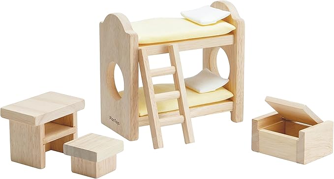 PlanToys Wooden Classic Line of Dollhouse Furniture - Children's Bunk Bedroom Set (9502) | Sustainably Made from Rubberwood and Non-Toxic Paints and Dyes | PlanNatural Classic Wooden Toy Collection