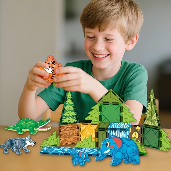 Magnetic Tiles Set Jungle Animals Theme Toys, Magnet Tiles Building Blocks Toys for Kids Ages 4-8