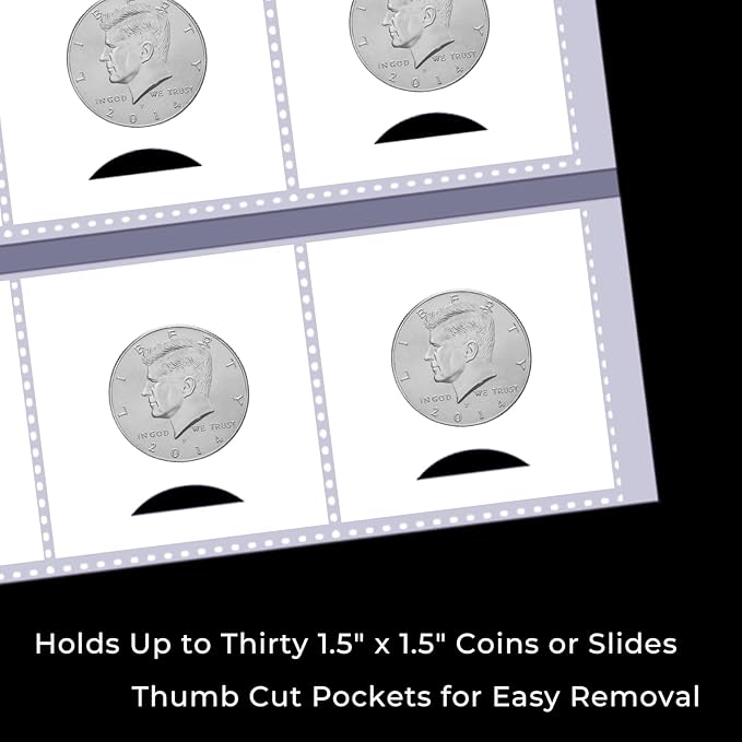 50-Sheets 30-Pocket Thumb-Cut Coin Pages - Coin Pocket Pages for 1.5 x 1.5 Inch Cardboard Coin Holder, Collecting Sleeves for Coin Flips, 1500 Pockets for Coin Binder, Coin Collection Storage Supplies