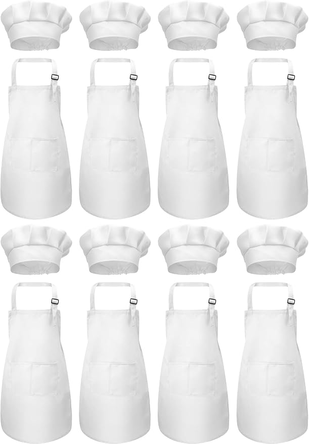 SATINIOR 8 Set Kids Apron and Chef Hat Set Kids Apron with 2 Pockets Adjustable for Boys Girl's Cooking Baking Painting (White, S for 2-6 Age)