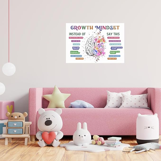 Classroom Growth Mindset Affirmations for Kids Mental Health Posters Brain Poster Psychology Special Education Calm Corner Wall Art Office Therapy Canvas Wall Decor Prints 12x16in Unframed