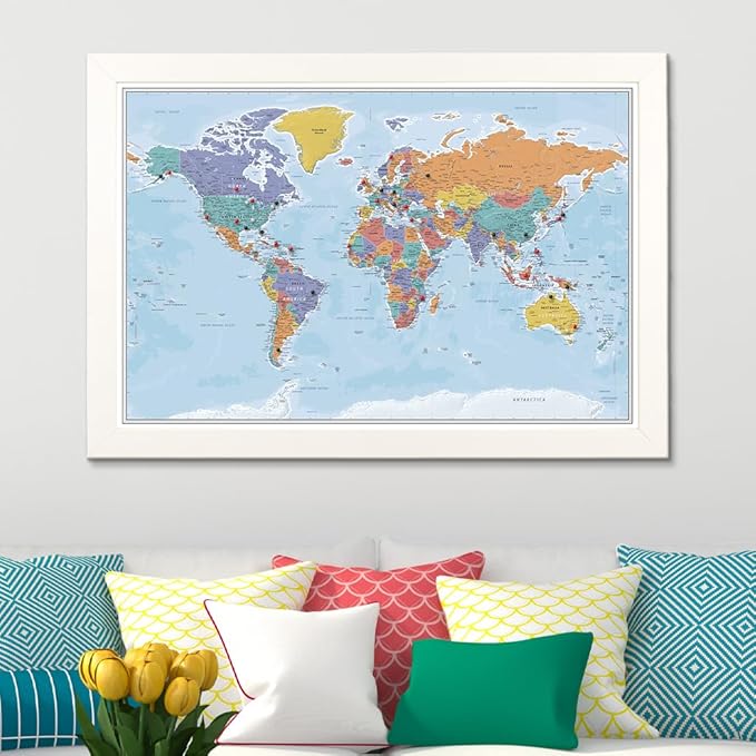 Push Pin Travel Maps - Blue Oceans World - Textured White Framed Pin Map for Tracking Your Travels - 27.5" x 39.5" - 8 Handcrafted Frame Options - Made in USA - Ideal for Any Traveler