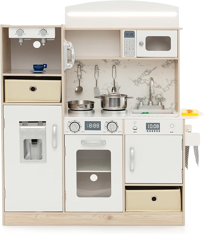 HONEY JOY Kids Kitchen Playset with Lights, Wooden Little Chef Toy Kitchen Set w/2 Storage Bins, Coffee Maker & Microwave & Ice Maker & Oven, Play Kitchen for Toddlers, Gift for Boys Girls (Natural)