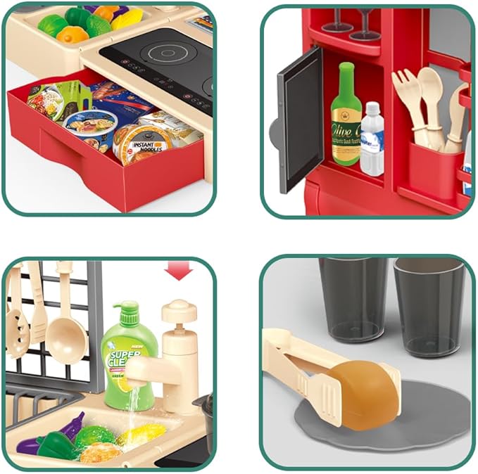 Pretend Play Kitchen Toy Set Folding Role Play Toy with 45pcs Realistic Food Fruits Vegetables Pans Cooking Utensils Basket Sink etc Portable Educational Indoor Outdoor Toys for Kids Ages 3