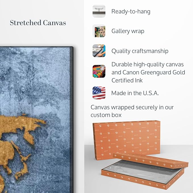 ElephantStock Azure World Map Wall Art Multi Piece Canvas - 3 Panel Wall Decor - Map of the World Art - Canvas for the Office and Home - 65" X 42"